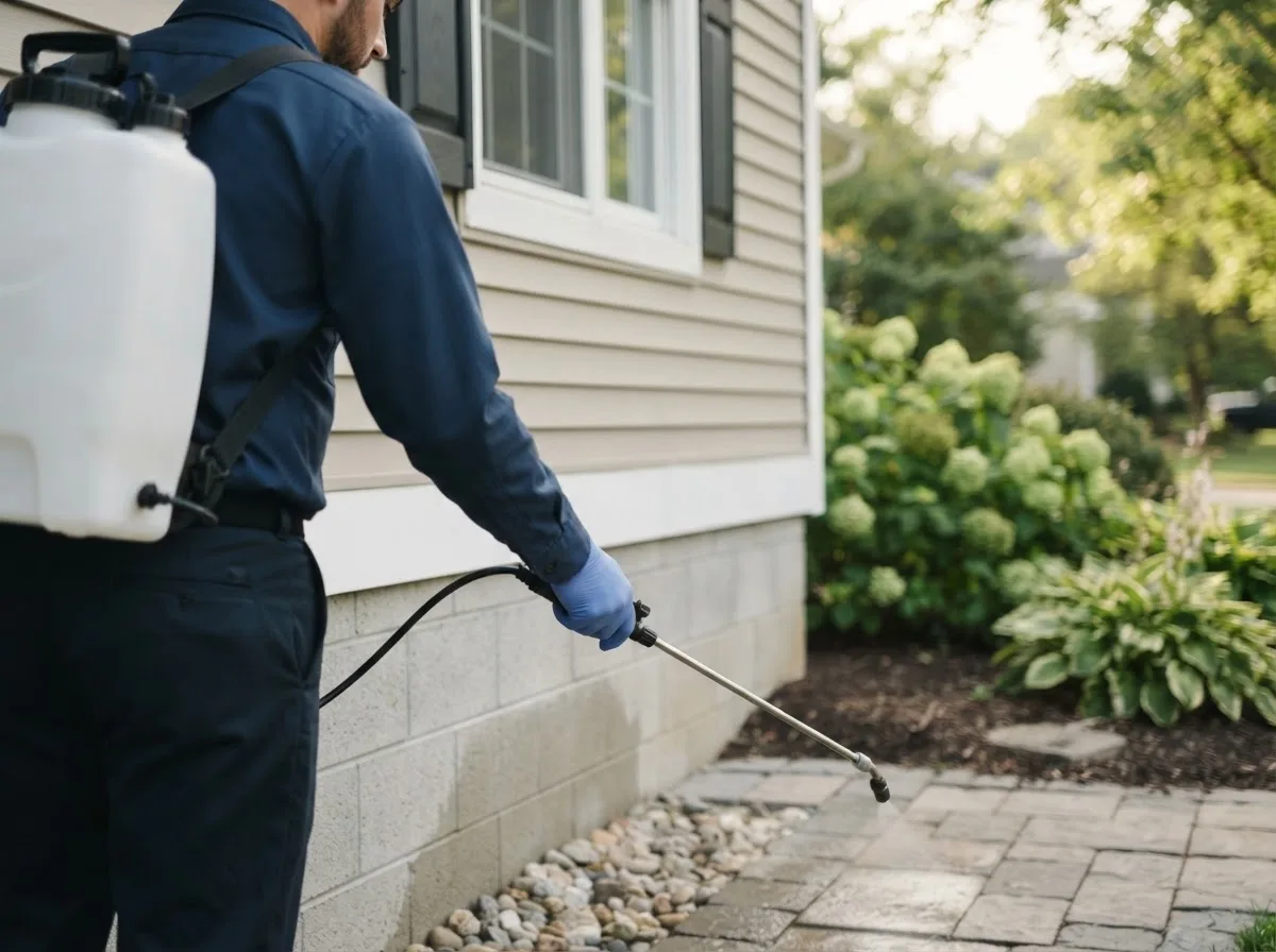 Pest control technician inspecting a home in Franklin, NE